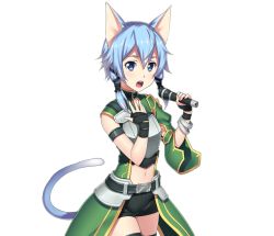 Rule 34 | 1girl, animal ears, arm strap, armor, black ribbon, black shorts, black thighhighs, blue hair, breastplate, cat ears, cat tail, cowboy shot, hair ribbon, holding, holding microphone, idol, microphone, midriff, navel, ribbon, short hair with long locks, short shorts, shorts, sidelocks, sinon (sao-alo), sleeveless, solo, standing, stomach, sword art online, tail, thighhighs, transparent background