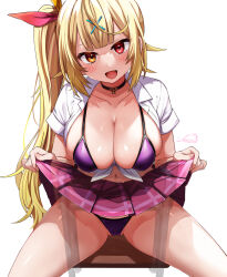 Rule 34 | 1girl, :d, amesuku gyaru, bikini, bikini under clothes, black choker, blonde hair, blunt bangs, blush, breasts, chair, choker, cleavage, clothes lift, collarbone, commentary request, cowboy shot, festa11307070, furrowed brow, hair ornament, heterochromia, highres, hoshikawa sara, kogal, large breasts, lifting own clothes, long hair, looking at viewer, navel, nijisanji, open clothes, open mouth, open shirt, paid reward available, pink skirt, pleated skirt, purple bikini, red eyes, school chair, shirt, side ponytail, signature, simple background, sitting, sitting backwards, skirt, skirt lift, smile, solo, swimsuit, tied shirt, transparent, virtual youtuber, white background, white shirt, x hair ornament, yellow eyes