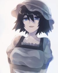Rule 34 | 1girl, :d, beekan, black hair, blue eyes, blue hat, breasts, close-up, collarbone, commentary request, frills, hair between eyes, hat, highres, looking at viewer, medium breasts, open mouth, portrait, puffy sleeves, shiina mayuri, short hair, short sleeves, smile, solo, steins;gate, white background