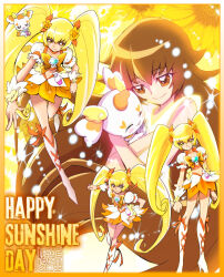 Rule 34 | 1girl, artist logo, big hair, boots, bow, brooch, brown eyes, brown hair, choker, closed mouth, commentary, cropped shirt, cure sunshine, earrings, english text, flower, frilled cuffs, frilled skirt, frilled sleeves, frills, glowing clothes, hair ribbon, heart, heart brooch, heartcatch precure!, henshin, high heel boots, high heels, highres, hug, jewelry, kamikita futago, knee boots, leg up, light particles, long hair, looking at another, looking at viewer, magical girl, midriff, miniskirt, multiple views, myoudouin itsuki, navel, orange bow, orange choker, orange eyes, orange ribbon, orange skirt, potpourri (heartcatch precure!), pouch, precure, puffy short sleeves, puffy sleeves, ribbon, shirt, short sleeves, skirt, smile, standing, standing on one leg, sunflower, twintails, very long hair, white footwear, white shirt