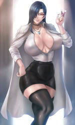 Rule 34 | 1girl, blue eyes, blue hair, breasts, choker, cleavage, covered erect nipples, curvy, eyeliner, eyeshadow, female focus, grin, hair over one eye, hand on own hip, highres, himoo yuina, huge breasts, jewelry, lab coat, lips, lipstick, long hair, looking at viewer, makeup, matching hair/eyes, nail polish, necklace, no bra, okai, original, pencil skirt, simple background, skirt, smile, solo, test tube, thick thighs, thighhighs, thighs, tokimeki memorial, tokimeki memorial 1, unbuttoned, unbuttoned shirt, zettai ryouiki