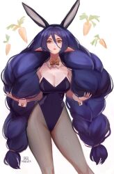 Rule 34 | 1girl, absurdres, animal ears, artist name, big hair, black leotard, blue hair, bow, bowtie, braid, breasts, brown bow, brown bowtie, brown eyes, carrot, cleavage, commentary, contrapposto, detached collar, extra ears, hair between eyes, highres, holding, holding own hair, leotard, long hair, maewix (artist), medium breasts, original, pantyhose, playboy bunny, pointy ears, rabbit ears, simple background, solo, twin braids, very long hair, white background, wrist cuffs