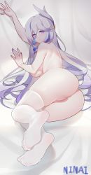 Rule 34 | 1girl, absurdres, anus, artist name, ass, barefoot, bed sheet, blue eyes, blue hair, blue nails, breasts, censored, feet, foot focus, hair ornament, hare (honkai impact), highres, honkai (series), honkai impact 3rd, large breasts, long hair, looking at viewer, lying, mosaic censoring, multicolored hair, nail polish, ninai, nipples, no shoes, nude, on side, pussy, soles, solo, streaked hair, thighhighs, toes, very long hair, white hair, white thighhighs