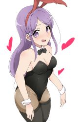 Rule 34 | 1girl, animal ears, black pantyhose, black thighhighs, blush, bow, bowtie, breasts, cleavage, detached collar, dot nose, fake animal ears, female focus, groin, hair ornament, heart (symbol), highres, koisuru asteroid, leotard, looking at viewer, medium breasts, no bra, open mouth, pantyhose, playboy bunny, purple eyes, purple hair, rabbit ears, rabbit tail, riyo (aokiwazumi), simple background, solo, standing, suzuya moe, tail, thick thighs, thighhighs, thighs, white background, wrist cuffs