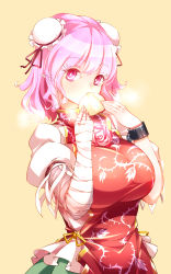 Rule 34 | 1girl, absurdres, amputee, bandaged arm, bandages, baozi, breasts, bun cover, chain, chinese clothes, cuffs, double bun, ears visible through hair, eating, floral print, flower, food, green skirt, hair bun, highres, ibaraki kasen, large breasts, looking at viewer, pink eyes, pink flower, pink hair, pink rose, pointy ears, puffy short sleeves, puffy sleeves, raised eyebrows, raptor7, rose, shackles, short hair, short sleeves, simple background, skirt, solo, steam, surprised, tabard, touhou, upper body, yellow background