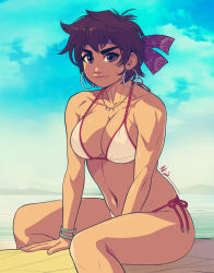 Rule 34 | 1girl, bangle, beach, bikini, blue sky, bracelet, breasts, brown hair, capcom, cleavage, cloud, cloudy sky, commentary, day, earrings, english commentary, exmile, feet out of frame, fingernails, headband, highres, hoop earrings, jewelry, kasugano sakura, lips, log, looking at viewer, medium breasts, mismatched eyebrows, navel, necklace, nose, ocean, purple headband, pursed lips, short hair, side-tie bikini bottom, signature, sitting, sky, solo, spaghetti strap, strap gap, street fighter, swimsuit, thick eyebrows, white bikini