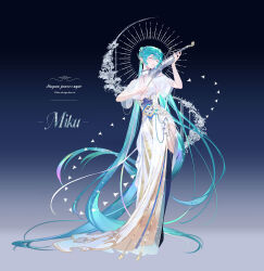 Rule 34 | 1girl, absurdly long hair, aqua eyes, aqua hair, aqua nails, beads, bow (music), breasts, character name, closed eyes, collared dress, diamond earrings, dress, ear cuffs, earrings, english text, full body, gradient background, hatsune miku, highres, holding, holding instrument, holding violin, instrument, jewelry, jie xiaoming, long hair, miku symphony (vocaloid), music, parted lips, playing instrument, see-through clothes, see-through sleeves, shoes, solo, standing, twintails, very long hair, violin, vocaloid