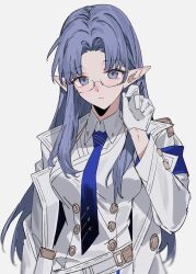 1girl aogisa belt belt_buckle blue_archive blue_eyes blue_hair blue_necktie breasts buckle buttons closed_mouth collared_dress commentary commission cosplay dress fate/stay_night fate_(series) glasses gloves highres jacket long_hair long_sleeves looking_at_viewer medea_(fate) medium_breasts necktie open_clothes open_jacket parted_bangs pointy_ears rin_(blue_archive) rin_(blue_archive)_(cosplay) second-party_source simple_background solo white_background white_belt white_dress white_gloves white_jacket