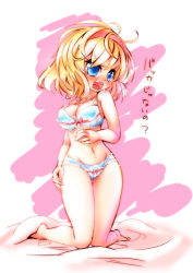 Rule 34 | 1girl, alice margatroid, angry, blonde hair, blue bra, blue eyes, blue panties, blush, bow, bow bra, bow panties, bra, breasts, cleavage, fifiruu, full-face blush, hairband, kneeling, large breasts, looking at viewer, navel, open mouth, panties, short hair, solo, thigh gap, touhou, translation request, underwear, underwear only