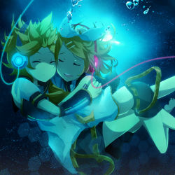 Rule 34 | 1boy, 1girl, air bubble, bare shoulders, barefoot, belt, blonde hair, bow, brother and sister, bubble, closed eyes, detached sleeves, falling, frown, hair bow, hair ornament, hairclip, headphones, hetero, hexagon, hug, kagamine len, kagamine rin, light particles, midriff, open mouth, shirt, shorts, siblings, sleeveless, sleeveless shirt, swept bangs, taicho128, twins, underwater, vocaloid