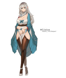 Rule 34 | 1girl, black thighhighs, blue eyes, breasts, brown thighhighs, cleavage, curvy, elf, female focus, full body, high heels, highres, large breasts, long hair, mole, original, own hands together, pointy ears, shoes, silver hair, simple background, sky of morika, solo, standing, thighhighs, white background