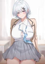 Rule 34 | 1girl, absurdres, blue necktie, blush, breasts, brown cardigan, cardigan, collared shirt, grey hair, grey skirt, hair ornament, highres, large breasts, looking at viewer, loose necktie, multicolored hair, necktie, nonbire, open cardigan, open clothes, original, panties, panty peek, pink hair, pleated skirt, purple eyes, purple panties, shirt, short hair, skirt, smile, solo, streaked hair, underwear, upper body, white shirt, x hair ornament