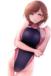 Rule 34 | 1girl, absurdres, azu ankoowl, brown hair, collarbone, commentary request, competition swimsuit, cowboy shot, hair ornament, hairclip, highleg, highleg swimsuit, highres, higuchi madoka, idolmaster, idolmaster shiny colors, looking at viewer, mole, mole under eye, one-piece swimsuit, red eyes, short hair, simple background, solo, swimsuit, white background