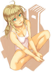 Rule 34 | 1girl, antenna hair, aqua eyes, bad id, bad pixiv id, bags under eyes, barefoot, blonde hair, breasts, butterfly sitting, cleavage, hands on feet, looking at viewer, medium breasts, mustard seeds, one-piece swimsuit, original, ponytail, sitting, solo, swimsuit, white one-piece swimsuit, yuuji (and)
