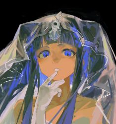Rule 34 | 1girl, absurdres, black background, blue eyes, blue hair, blunt bangs, bridal veil, bride, collarbone, commentary, dawn of the golden witch, dress, elbow gloves, english commentary, furudo erika, gloves, highres, looking at viewer, lostack3, official alternate costume, parted lips, sidelocks, simple background, solo, twintails, umineko no naku koro ni, upper body, veil, wedding dress, white gloves