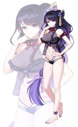 1girl absurdres alternate_hairstyle armlet bare_shoulders barefoot bikini black_bikini genshin_impact hand_on_own_hip highres jewelry kyundoo long_hair looking_at_viewer mole mole_under_eye nail_polish navel ponytail purple_eyes purple_hair purple_nails raiden_shogun simple_background smile stomach swimsuit thighs toenail_polish toenails very_long_hair white_background zoom_layer