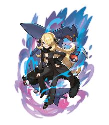 Rule 34 | 1girl, absurdres, black footwear, black sclera, blonde hair, coat, colored sclera, commentary, creatures (company), cynthia (pokemon), fur-trimmed coat, fur trim, game freak, garchomp, gen 4 pokemon, hair over one eye, hand on own hip, high heels, highres, looking at viewer, nintendo, official art, pants, poke ball, poke ball (basic), pokemon, pokemon (creature), pokemon dppt, saitou naoki, sharp teeth, smile, symbol-only commentary, teeth, yellow eyes