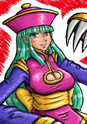 Rule 34 | 1girl, blush, borockman, breasts, capcom, chinese clothes, claws, cleavage, cleavage cutout, clothing cutout, cosplay, green eyes, green hair, hat, large breasts, lei lei, lei lei (cosplay), long hair, matching hair/eyes, morrigan aensland, sash, smile, solo, vampire (game)