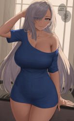 Rule 34 | 1girl, bare shoulders, blue eyes, blue shirt, blush, breasts, cleavage, closed mouth, collarbone, commentary, covered navel, english commentary, english text, eyes visible through hair, fingernails, genshin impact, grey hair, hair over one eye, highres, large breasts, long hair, looking at viewer, shenhe (genshin impact), shirt, short sleeves, smile, solo, speech bubble, thighs, window, zaphn