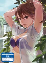 Rule 34 | 1girl, absurdres, adjusting hair, arms up, bikini, bikini top only, bra, breasts, brown eyes, brown hair, cleavage, dappled sunlight, hair between eyes, highres, leaf, leo attiel den, looking at viewer, mouth hold, okaya mrh, open clothes, open shirt, outdoors, see-through, shirt, solo, strapless, strapless bra, sunlight, swimsuit, tying hair, underwear, upper body, water, waterfall