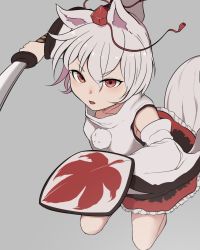 Rule 34 | 1girl, animal ears, attack, black skirt, breasts, detached sleeves, full body, grey hair, hat, highres, holding, holding shield, holding sword, holding weapon, inubashiri momiji, legs up, looking at viewer, marsen, open mouth, pom pom (clothes), red eyes, shield, shirt, skirt, sleeveless, sleeveless shirt, small breasts, solo, sword, tail, tokin hat, touhou, weapon, white shirt, wide sleeves, wolf ears, wolf tail