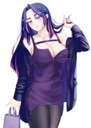 Rule 34 | 1girl, absurdres, bag, bare shoulders, blush, boku no hero academia, breasts, cleavage, collarbone, hanbunshonen, hand in own hair, handbag, highres, jacket, jacket partially removed, lady nagant, large breasts, looking at viewer, nail polish, open clothes, open jacket, pantyhose, purple eyes, purple hair, simple background, solo, watermark, white background, zipper, zipper dress