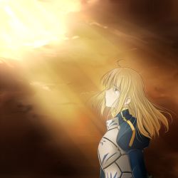 Rule 34 | 1girl, ahoge, armor, artoria pendragon (fate), blonde hair, crying, fate/stay night, fate (series), green eyes, light rays, long hair, profile, saber (fate), solo, tears, tusia