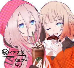 Rule 34 | 2girls, blue eyes, blush, brown hair, cevio, crossover, cup, disposable cup, doughnut, drawstring, drinking, drinking straw, food, hair between eyes, highres, holding, holding cup, holding food, hood, hood up, hooded jacket, ia (vocaloid), jacket, long hair, long sleeves, multiple girls, one (cevio), one eye closed, open mouth, orange jacket, pink jacket, simple background, sleeves past wrists, unmoving pattern, vocaloid, white background, yuuki kira