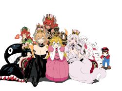 Rule 34 | 1boy, 6+girls, :3, armlet, artist request, bad id, bad pixiv id, black collar, black hair, blonde hair, blue eyes, boo (mario), borrowed design, bowser, bowser peach, bowsette, bracelet, breasts, breath weapon, breathing fire, brooch, cappy (mario), chain chomp, cleavage, collar, colored tongue, commentary request, couch, crown, dress, earrings, facepalm, fang, fangs, fire, frilled dress, frills, gender request, genderswap, gloves, head rest, heart, heart-shaped pupils, highres, horns, jewelry, koopa peach, large breasts, long tongue, luigi&#039;s mansion, mario, mario (series), multiple girls, new super mario bros. u deluxe, nintendo, pink eyes, pointy ears, princess king boo, princess peach, puffy short sleeves, puffy sleeves, purple tongue, red hair, sharp teeth, short sleeves, sidelocks, sitting, smile, spiked armlet, spiked bracelet, spiked collar, spiked tail, spikes, strapless, strapless dress, super crown, sweatdrop, symbol-shaped pupils, tail, teeth, thick eyebrows, tongue, tongue out, white dress, white gloves