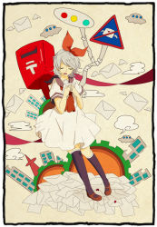 Rule 34 | 1girl, alternate costume, alternate hair color, ascot, bow, building, colorized, dress, envelope, closed eyes, flying saucer, fujikawa kouta, grey hair, hair ribbon, hands on own chest, japanese postal mark, kagamine rin, kneehighs, open mouth, postbox, ribbon, road sign, sailor collar, sailor dress, short hair, sign, socks, solo, spacecraft, studio red bear, surreal, vocaloid, wings