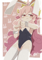 Rule 34 | 1girl, animal ears, bare shoulders, black leotard, blush, breasts, brown background, commentary request, covered navel, fake animal ears, fuyumiso, groin, hair between eyes, horns, leotard, long hair, looking at viewer, nose blush, original, personification, pink hair, playboy bunny, rabbit background, rabbit ears, red eyes, sheep ears, sheep girl, sheep horns, short eyebrows, small breasts, solo, strapless, strapless leotard, thick eyebrows, thighhighs, two-tone background, very long hair, wavy mouth, white background, white thighhighs, wrist cuffs