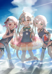 Rule 34 | 3girls, absurdres, arm belt, artist request, backlighting, ball, bandaged arm, bandages, beach, beachball, black bow, blue one-piece swimsuit, blue sky, blush, bow, braid, breasts, capelet, fate/apocrypha, fate/extra, fate/grand order, fate (series), fur-trimmed capelet, fur trim, green bow, green eyes, green ribbon, headpiece, highres, innertube, jack the ripper (fate/apocrypha), jeanne d&#039;arc (fate), jeanne d&#039;arc alter santa lily (fate), jeanne d&#039;arc alter santa lily (summer little) (fate), legs, light rays, long hair, looking at viewer, multiple girls, nursery rhyme (fate), ocean, one-piece swimsuit, open mouth, outdoors, ribbon, school swimsuit, short hair, shoulder tattoo, silver hair, sky, small breasts, smile, striped bow, striped ribbon, summer little, swim ring, swimsuit, tattoo, twin braids, wading, water, white capelet, yougiri mea