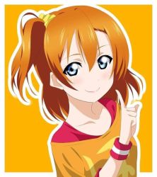 Rule 34 | 1girl, artist name, artist request, blue eyes, blush, bow, breasts, female focus, hair between eyes, hair ornament, hair scrunchie, kosaka honoka, looking at viewer, love live!, love live! school idol festival, love live! school idol project, orange hair, orange shirt, parted lips, pointing, red shirt, red wristband, scrunchie, shirt, side ponytail, small breasts, smile, solo, yellow background, yellow bow, yellow scrunchie