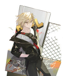 Rule 34 | 1boy, alternate costume, black jacket, black pants, blonde hair, brown eyes, chain-link fence, commentary, concrete, day, fence, graffiti, hands in pockets, highres, inkerpape, jacket, jonouchi katsuya, knee up, leather, leather jacket, looking at viewer, male focus, outdoors, pants, shirt, short hair, shoulder strap, smile, solo, upper body, urban, white shirt, yu-gi-oh!, yu-gi-oh! duel monsters