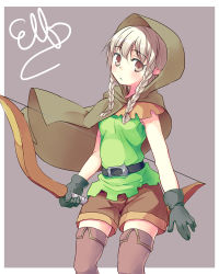 Rule 34 | 1girl, boots, bow (weapon), braid, brown eyes, cloak, dragon&#039;s crown, elf, elf (dragon&#039;s crown), gloves, hood, hooded cloak, pizanuko, pointy ears, shorts, solo, thigh boots, thighhighs, twin braids, vanillaware, weapon