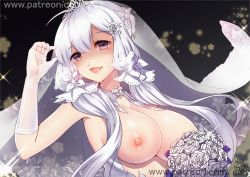 Rule 34 | 1girl, ahoge, arm up, armpits, artist name, azur lane, black background, blue eyes, blush, bouquet, braid, breasts, bridal veil, elbow gloves, flower, french braid, glint, gloves, go-it, hair flower, hair ornament, holding, holding bouquet, illustrious (azur lane), illustrious (morning star of love and hope) (azur lane), large breasts, long hair, looking at viewer, low-tied long hair, low twintails, mole, mole under eye, nipples, nude, rose, saliva, shaded face, signature, silver hair, solo, sweat, tareme, tiara, twintails, upper body, veil, watermark, web address, white flower, white gloves, white rose