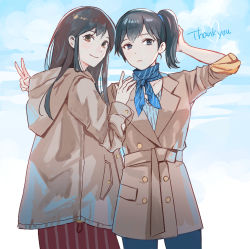 Rule 34 | 2girls, akagi (kancolle), black eyes, black hair, blue pants, brown coat, brown eyes, brown hair, buttons, closed mouth, coat, double-breasted, english text, hand up, heart, kaga (kancolle), kantai collection, kasumi (skchkko), long hair, long sleeves, looking at viewer, multiple girls, neckerchief, one side up, pants, red neckerchief, red skirt, short hair, skirt, smile, thank you, v
