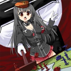 Rule 34 | 1girl, black coat, black hair, breasts, brown eyes, cleavage, coat, gloves, hat, holding, lowres, map, open mouth, red skirt, skirt, small breasts, standing, stick, symbol