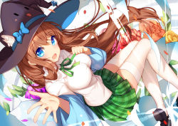 Rule 34 | 1girl, bison cangshu, black hat, blue bow, blue eyes, blue ribbon, bow, breasts, brown hair, character request, copyright request, green skirt, hat, hat bow, hat ribbon, highres, large breasts, long hair, looking at viewer, plaid, plaid skirt, ribbon, skirt, solo, thighhighs, white thighhighs, witch hat