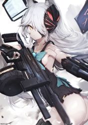 Rule 34 | 1girl, android, animal ear fluff, animal ears, artist name, ass, bare shoulders, black dress, breasts, commentary request, cowboy shot, dress, gun, hair over one eye, highres, holding, holding gun, holding weapon, looking at viewer, machine gun, mask, mask on head, nekoya (liu), original, sideboob, sleeveless, sleeveless dress, small breasts, solo, tail, weapon, white hair, yellow eyes