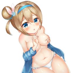 Rule 34 | 1girl, 2drr, absurdres, bikini, bikini bottom only, blonde hair, blue eyes, blush, breasts, cardigan, collarbone, covering privates, covering breasts, dutch angle, girls&#039; frontline, hair between eyes, hair bun, hairband, hands up, has bad revision, has downscaled revision, highres, hip focus, looking at viewer, md5 mismatch, medium breasts, navel, open cardigan, open clothes, open mouth, resolution mismatch, side bun, sidelocks, simple background, single side bun, solo, source smaller, suomi (girls&#039; frontline), swimsuit, thighs, topless, white background, white bikini