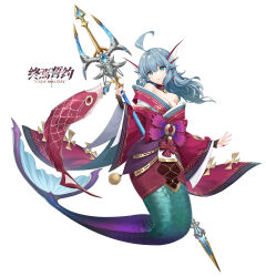 Rule 34 | 1girl, ahoge, bell, blue gemstone, blue hair, breasts, cleavage, closed mouth, copyright name, fingernails, fins, full body, gem, gold trim, green eyes, green tail, hand up, head fins, highres, holding, holding staff, japanese clothes, jingle bell, kimono, long hair, long sleeves, looking at viewer, medium breasts, mermaid, monster girl, nail polish, neck bell, official art, red kimono, red nails, scales, simple background, smile, solo, spinel (9057), staff, tassel, vow of heroes, white background, wide sleeves