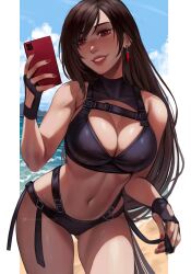 Rule 34 | 1girl, absurdres, beach, bikini, black bikini, breasts, brown hair, cellphone, cleavage, earrings, final fantasy, final fantasy vii, fingerless gloves, gloves, highres, holding, holding phone, inspy art, jewelry, large breasts, long hair, ocean, phone, red nails, sand, smartphone, smile, solo, square enix, swimsuit, tifa lockhart