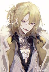 Rule 34 | 1boy, absurdres, blonde hair, chest tattoo, coat, collar, commentary, dated, fang, fur-trimmed coat, fur trim, hair ornament, hairclip, heart, highres, jacket, jewelry, looking to the side, luca kaneshiro, luca kaneshiro (1st costume), male focus, medium hair, necklace, nijisanji, nijisanji en, open mouth, prc311, purple eyes, short ponytail, signature, simple background, solo, swept bangs, tattoo, upper body, virtual youtuber, white background, white jacket