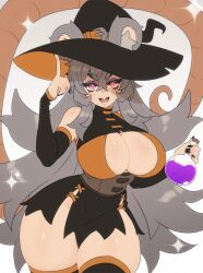 Rule 34 | 1girl, ahoge, animal ear fluff, animal ears, bare shoulders, black dress, black nails, black thighhighs, boo the rat, bottle, buck teeth, cleavage cutout, clothing cutout, cookie hana, detached sleeves, dress, eyeshadow, grey hair, groin, hair between eyes, hat, highres, holding, holding bottle, indie virtual youtuber, long hair, looking at viewer, makeup, mouse ears, mouse girl, mouse tail, open mouth, potion, purple eyeshadow, red eyes, solo, sparkle, tail, teeth, thick eyebrows, thick thighs, thighhighs, thighs, very long hair, virtual youtuber, witch hat