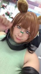 Rule 34 | 1girl, animal ears, animated, asian, breasts squeezed together, breasts, breasts out, brown hair, chouzuki maryou, corset, glasses, highres, large breasts, lipstick, makeup, pasties, plump, raccoon ears, raccoon girl, real life, solo, sound, tagme, video, video