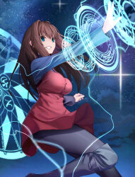 Rule 34 | 1girl, aozaki aoko, black footwear, black sweater, blue eyes, boots, breasts, brown hair, dress, genshu doki, grin, highres, knee boots, large breasts, layered clothes, long hair, long sleeves, magic circle, mahou tsukai no yoru, night, night sky, outstretched arm, pantyhose, red dress, sky, smile, solo, sweater, turtleneck, turtleneck sweater, very long hair