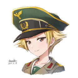 Rule 34 | 10s, 1girl, artist name, blonde hair, brown eyes, brown jacket, closed mouth, dated, erwin (girls und panzer), girls und panzer, goggles, goggles on headwear, green hat, hat, jacket, looking at viewer, military hat, military jacket, ooarai school uniform, peaked cap, pointy hair, portrait, school uniform, serafuku, shamakho, short hair, signature, simple background, smile, solo, white background