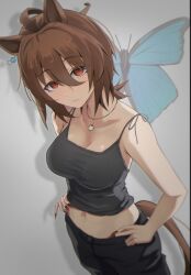 Rule 34 | 1girl, absurdres, agnes tachyon (umamusume), ahoge, alternate costume, animal ears, black pants, black tank top, breasts, brown hair, bug, butterfly, cleavage, commentary request, cowboy shot, earrings, grey background, hands on own hips, highres, horse ears, horse girl, horse tail, insect, jewelry, large breasts, messy hair, midriff, navel, necklace, pants, red eyes, sei (bigaa), shadow, short hair, simple background, single earring, solo, tail, tank top, umamusume