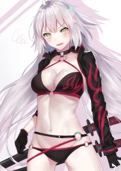 Rule 34 | 1girl, ahoge, belt, bikini, black belt, black bikini, black choker, black gloves, black jacket, blush, breasts, choker, cleavage, collarbone, cowboy shot, cropped jacket, fate/grand order, fate (series), gloves, grey hair, groin, hair between eyes, halterneck, head tilt, highres, jacket, jeanne d&#039;arc alter (swimsuit berserker) (fate), jeanne d&#039;arc (fate), jeanne d&#039;arc alter (fate), jeanne d&#039;arc alter (swimsuit berserker) (fate), katana, large breasts, long hair, long sleeves, looking at viewer, navel, o-ring, o-ring bikini, o-ring bottom, o-ring top, open clothes, open jacket, open mouth, pale skin, popped collar, print bikini, reuri (tjux4555), scabbard, sheath, sheathed, shrug (clothing), sidelocks, simple background, solo, squiggle, standing, stomach, swimsuit, sword, v-shaped eyebrows, very long hair, weapon, white background, yellow eyes